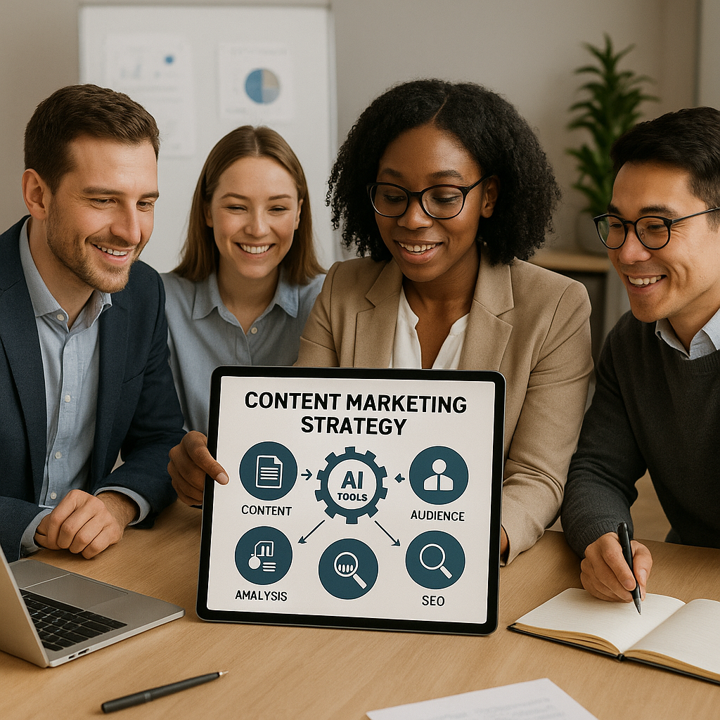 collaborative team working on AI-enhanced content marketing strategy