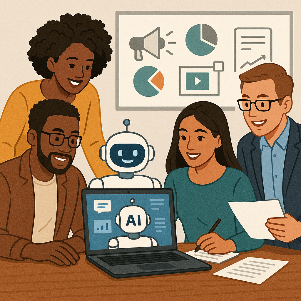 Team collaborating with AI for content marketing