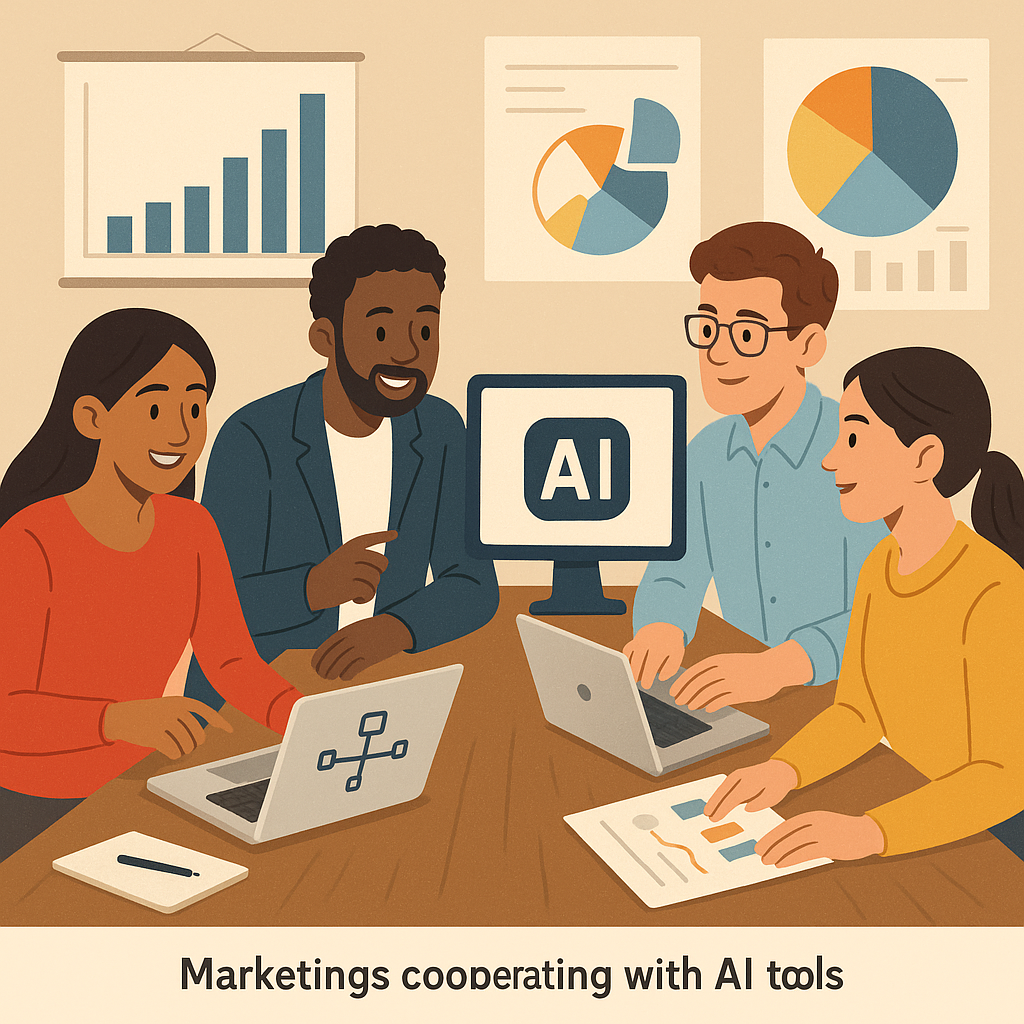 Marketers collaborating with AI tools for enhanced content strategy
