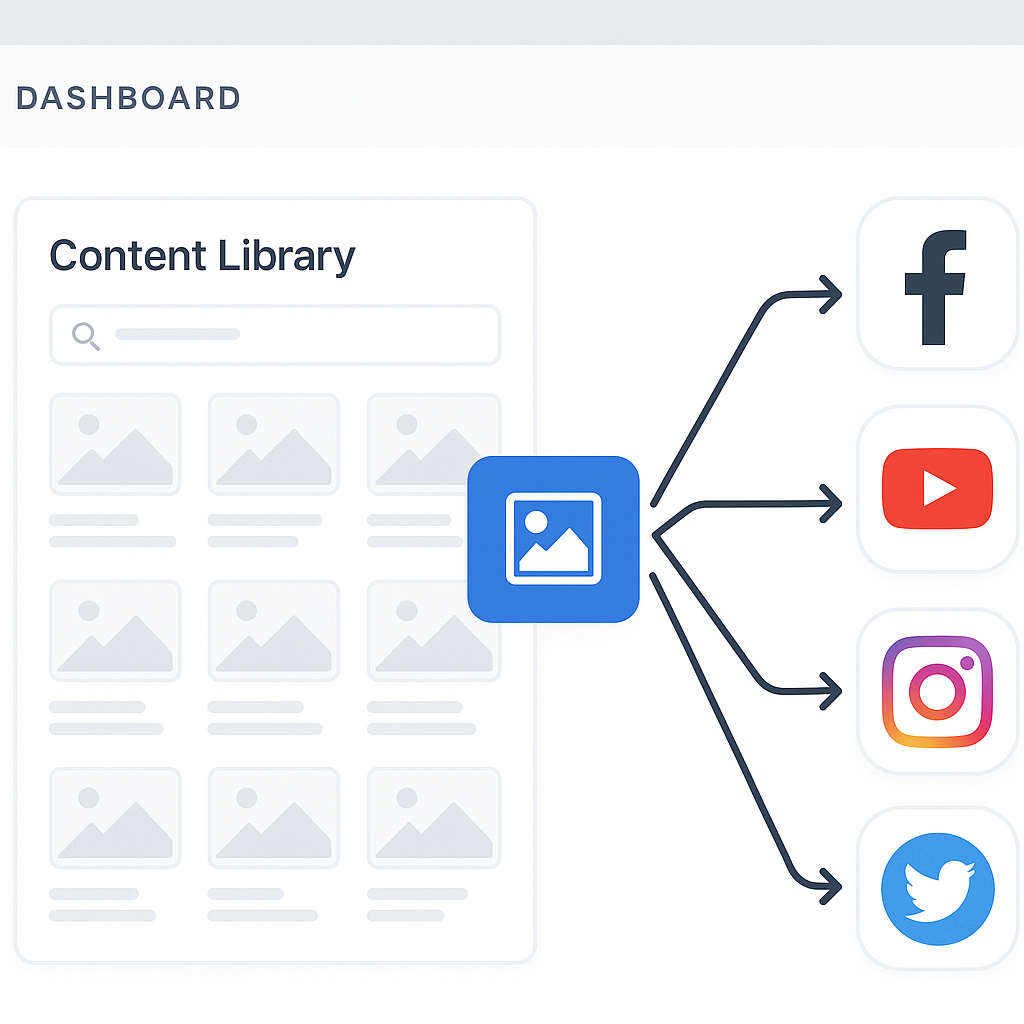 Repostra app dashboard illustrating centralized content management and distribution