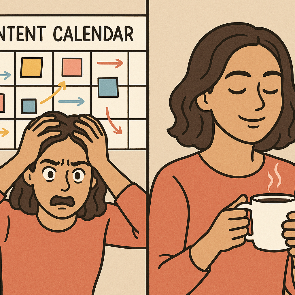 Transition from a stressed creator managing a content calendar to a relaxed creator enjoying coffee