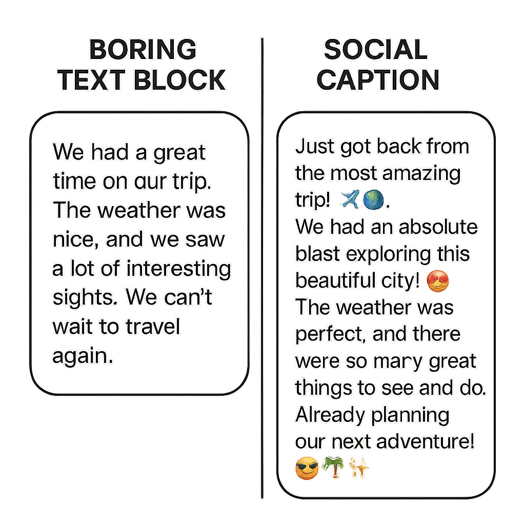 Comparison between generic AI text and a human-polished social media caption