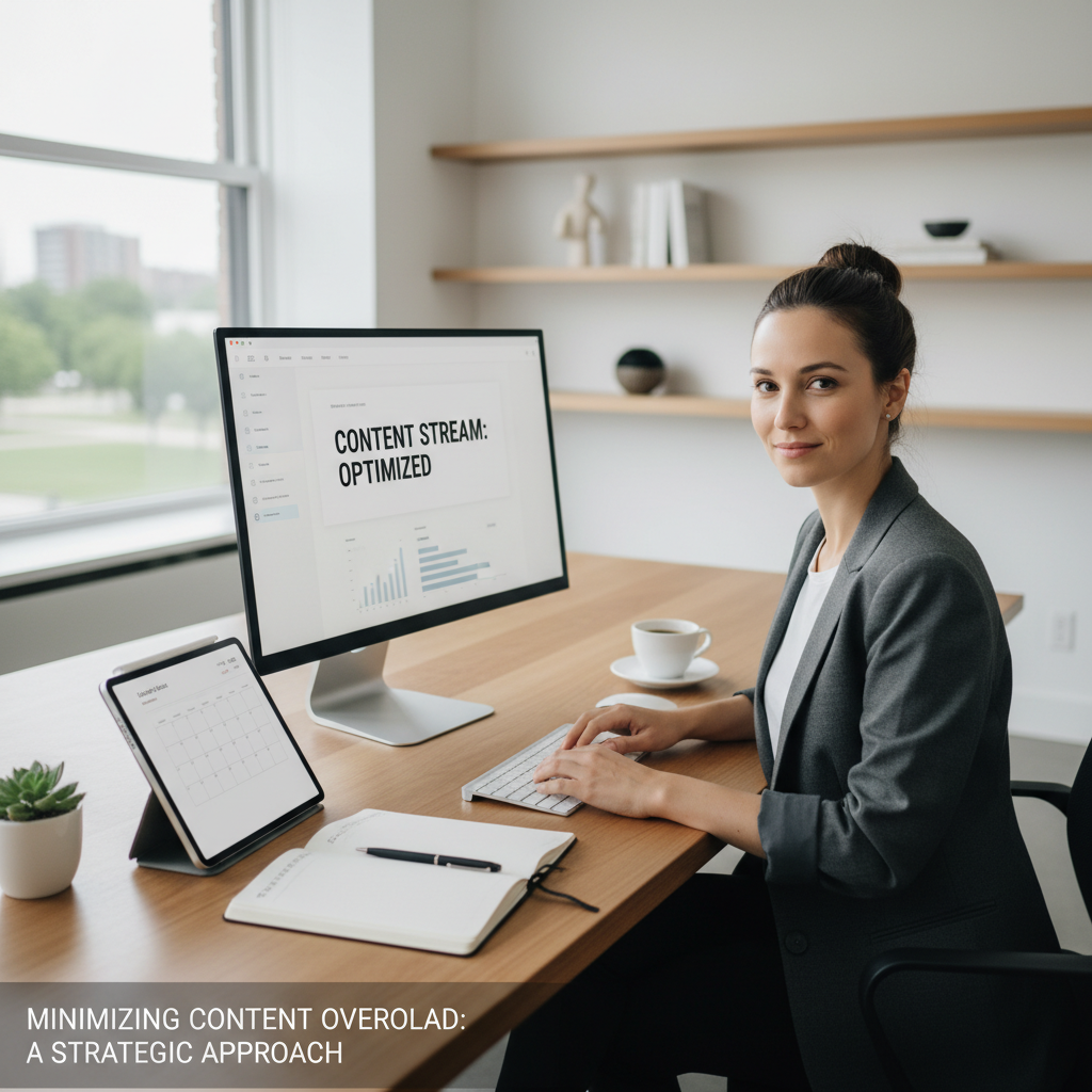 Professional managing curated content at a computer