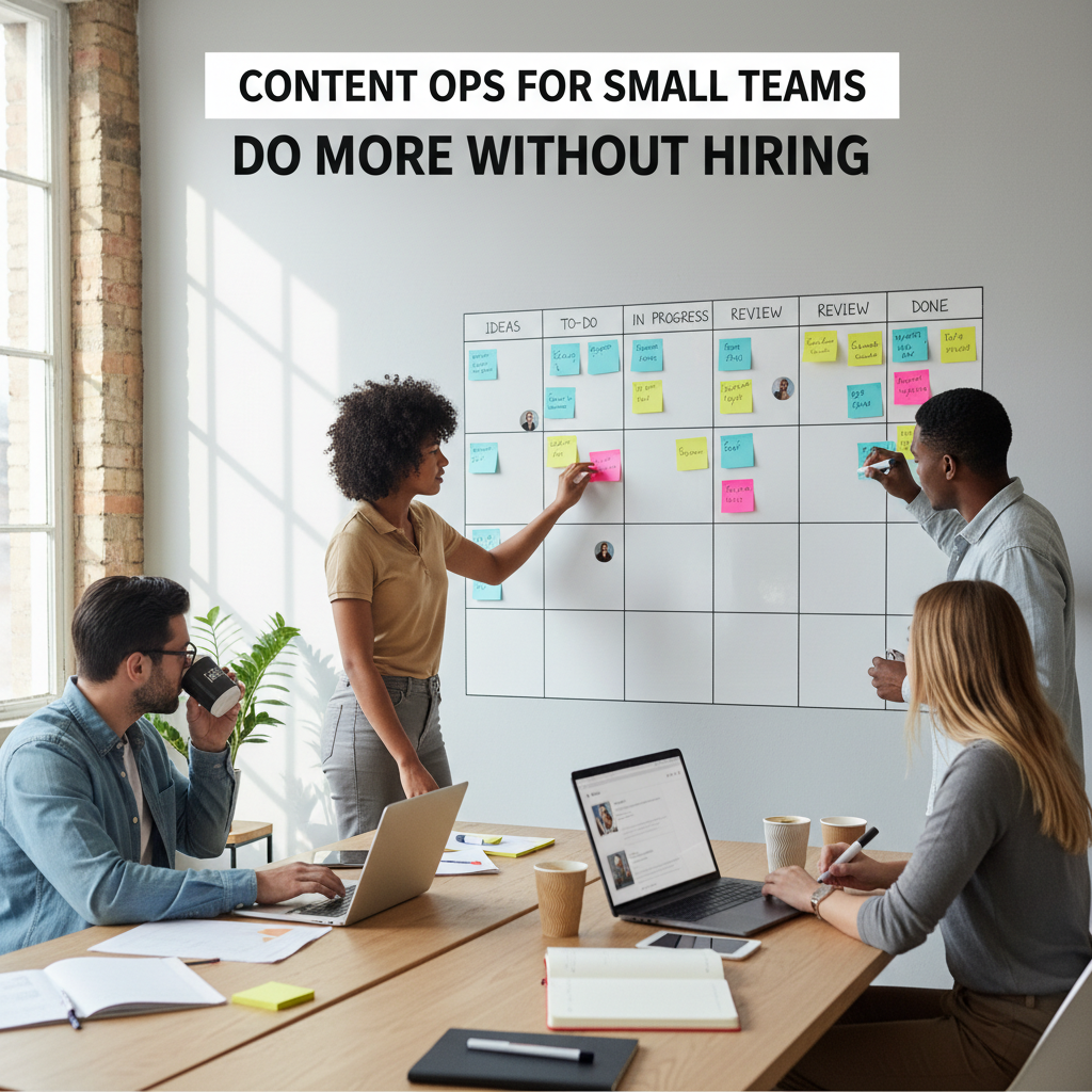 Small marketing team planning content ops on a whiteboard
