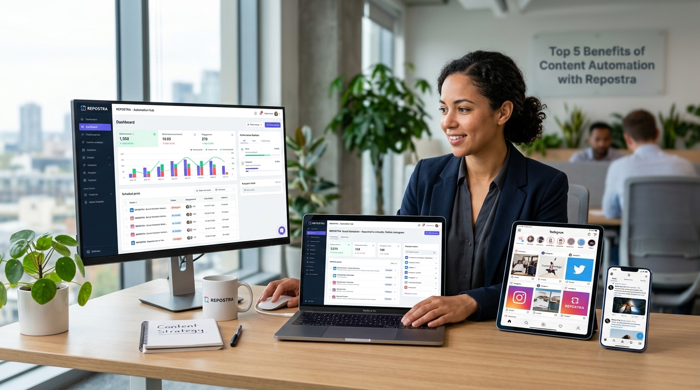 A professional managing social media content across different platforms on multiple screens