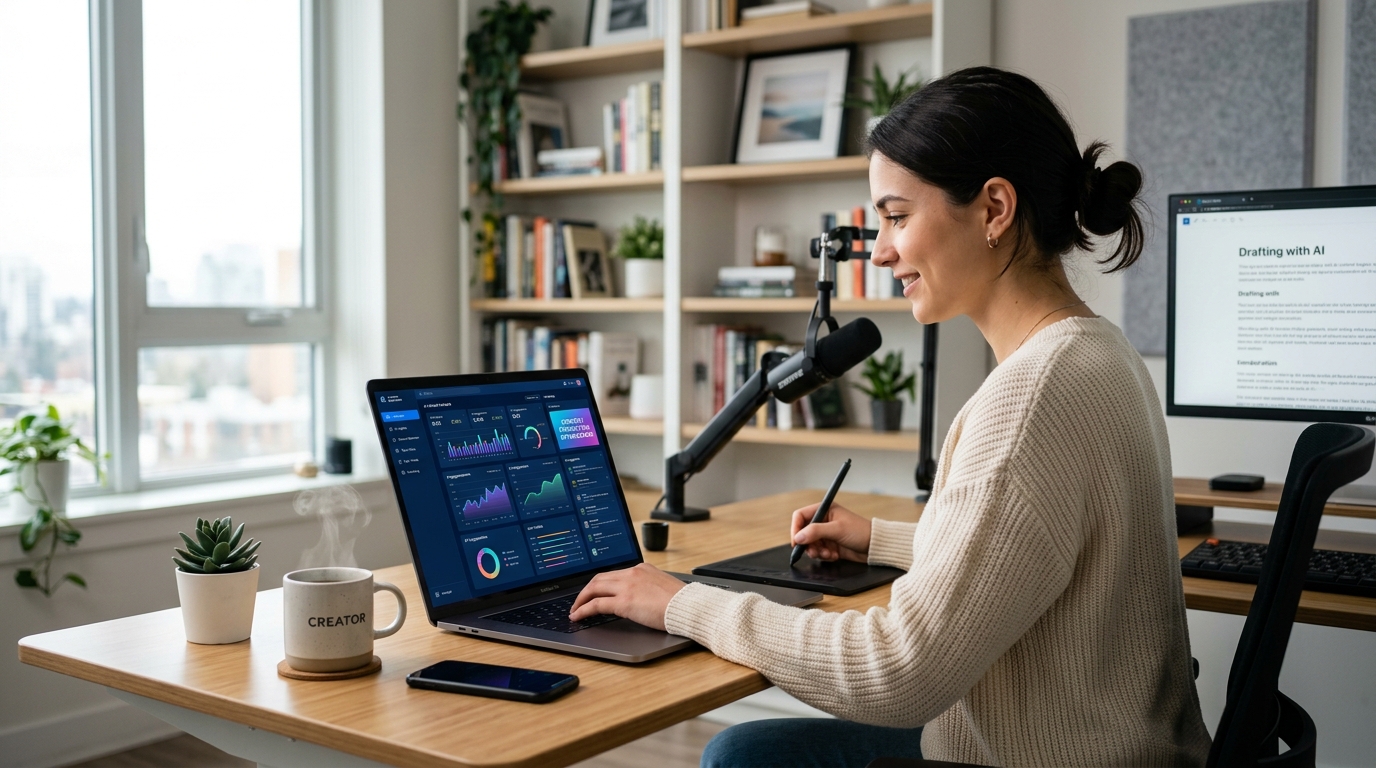 Content creator using AI on a laptop to streamline production