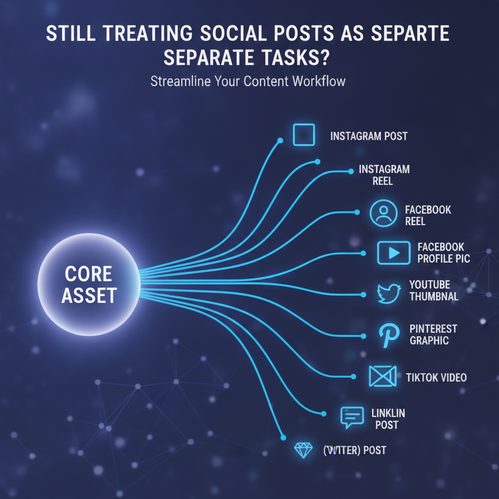 Visual diagram of a content ecosystem where a single blog post turns into videos, social posts, and newsletters