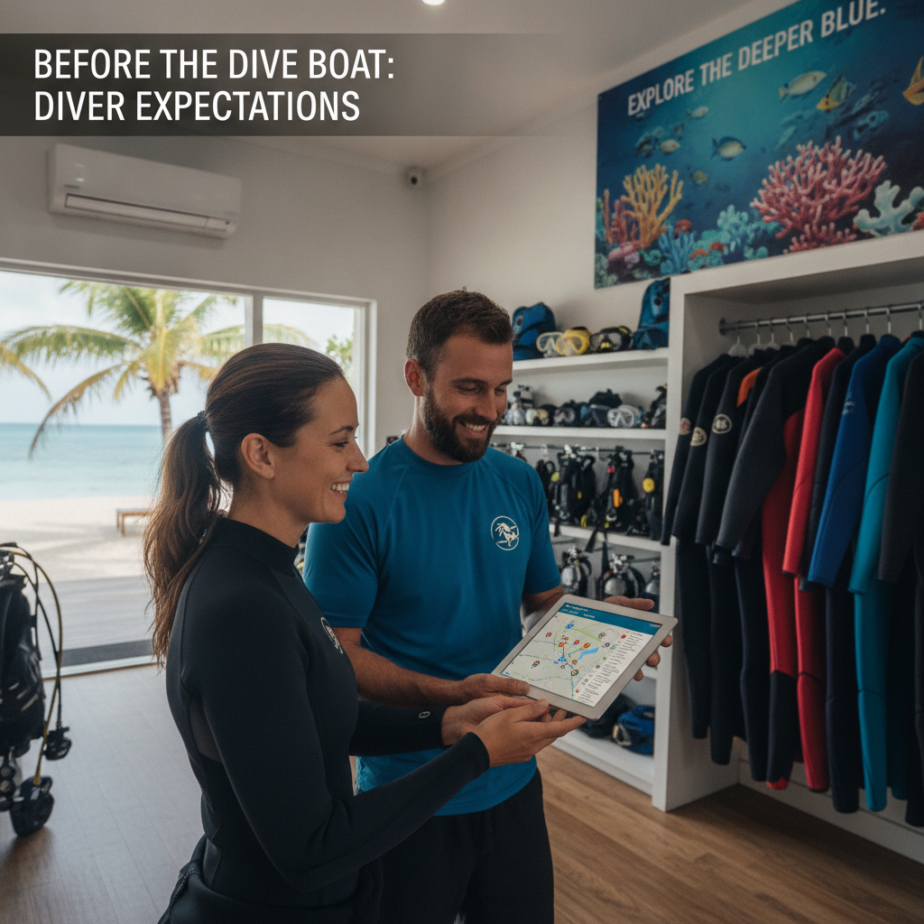 Dive shop staff happily using a tablet to manage dive center software