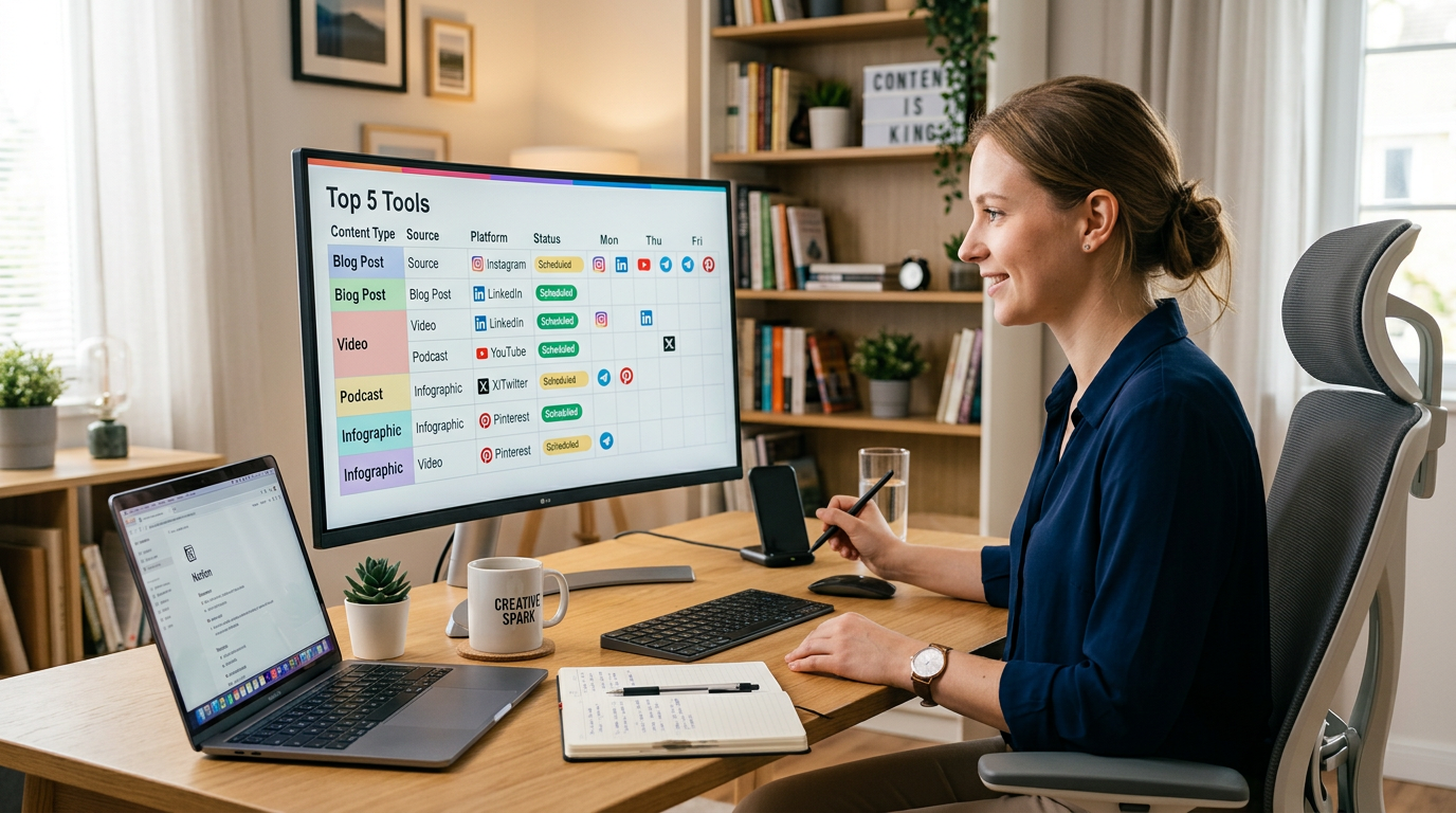 A professional marketer reviewing a content distribution schedule across multiple social platforms