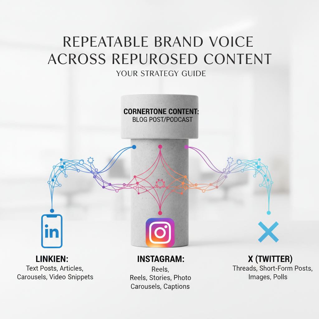 A flowchart illustrating how a single core message adapts natively to different social media platforms