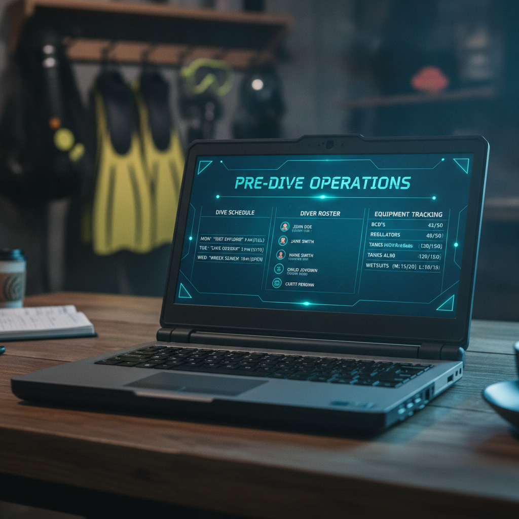 Laptop displaying dive center software dashboard with schedules and diver information