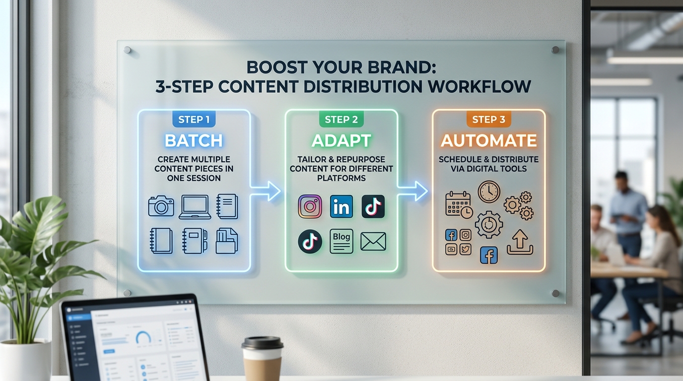 Flowchart showing the batch, adapt, and automate social media workflow