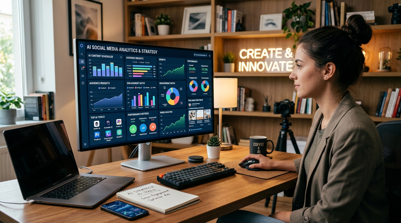 A digital marketing dashboard showing analytics and AI social media tools in action