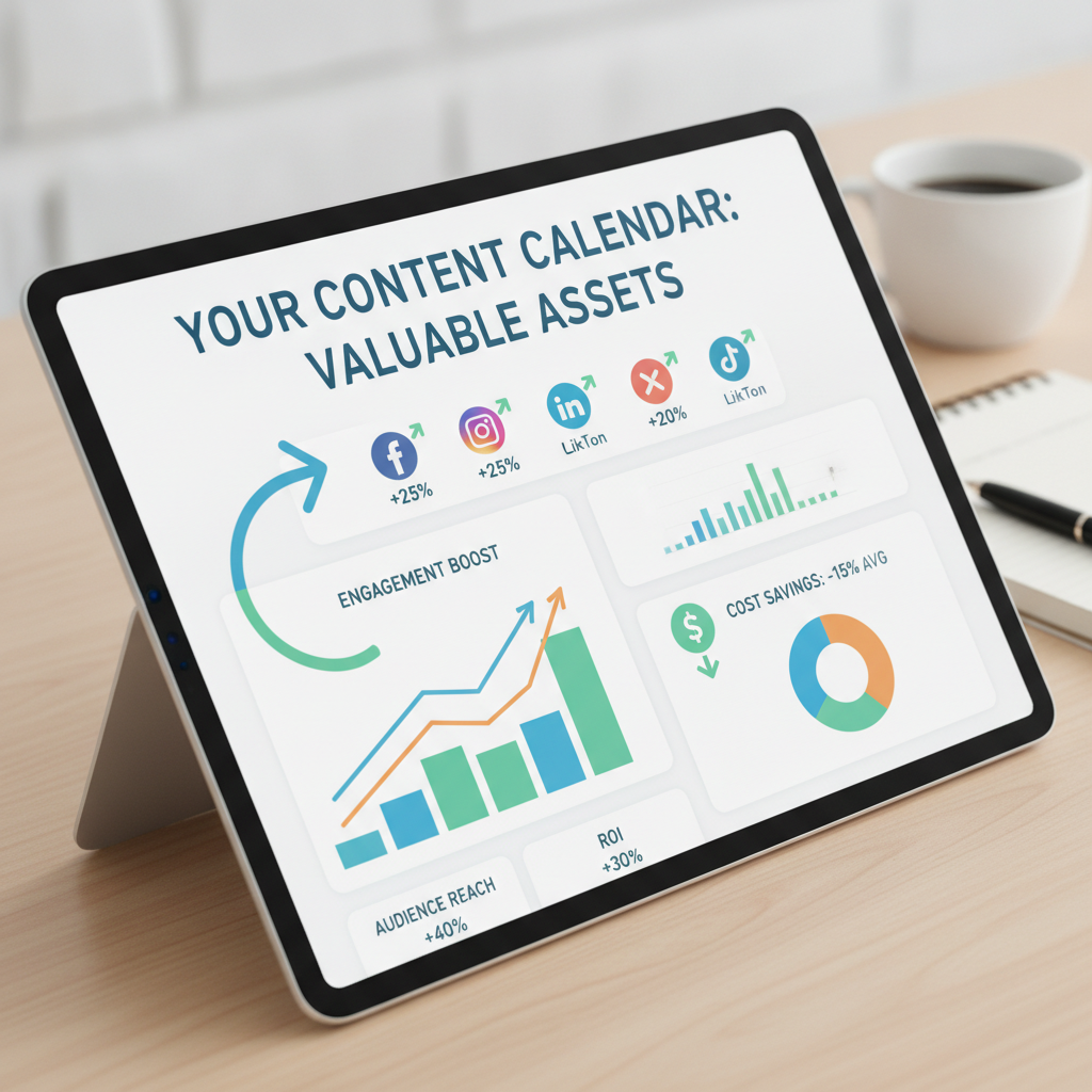 Analytics dashboard visualizing content repurposing success through engagement rates and production efficiency.