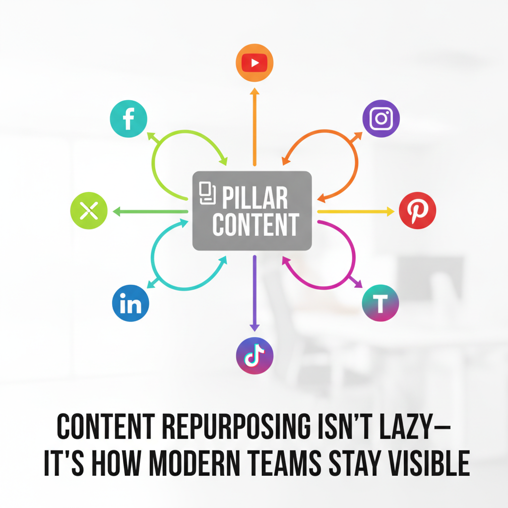 Content repurposing framework diagram showing pillar content split into native social posts