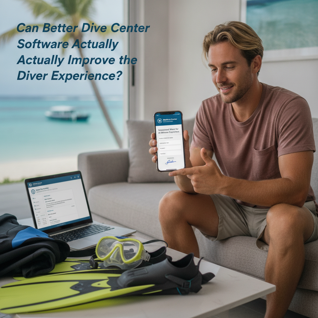 Scuba diver using a smartphone to complete digital forms before a dive