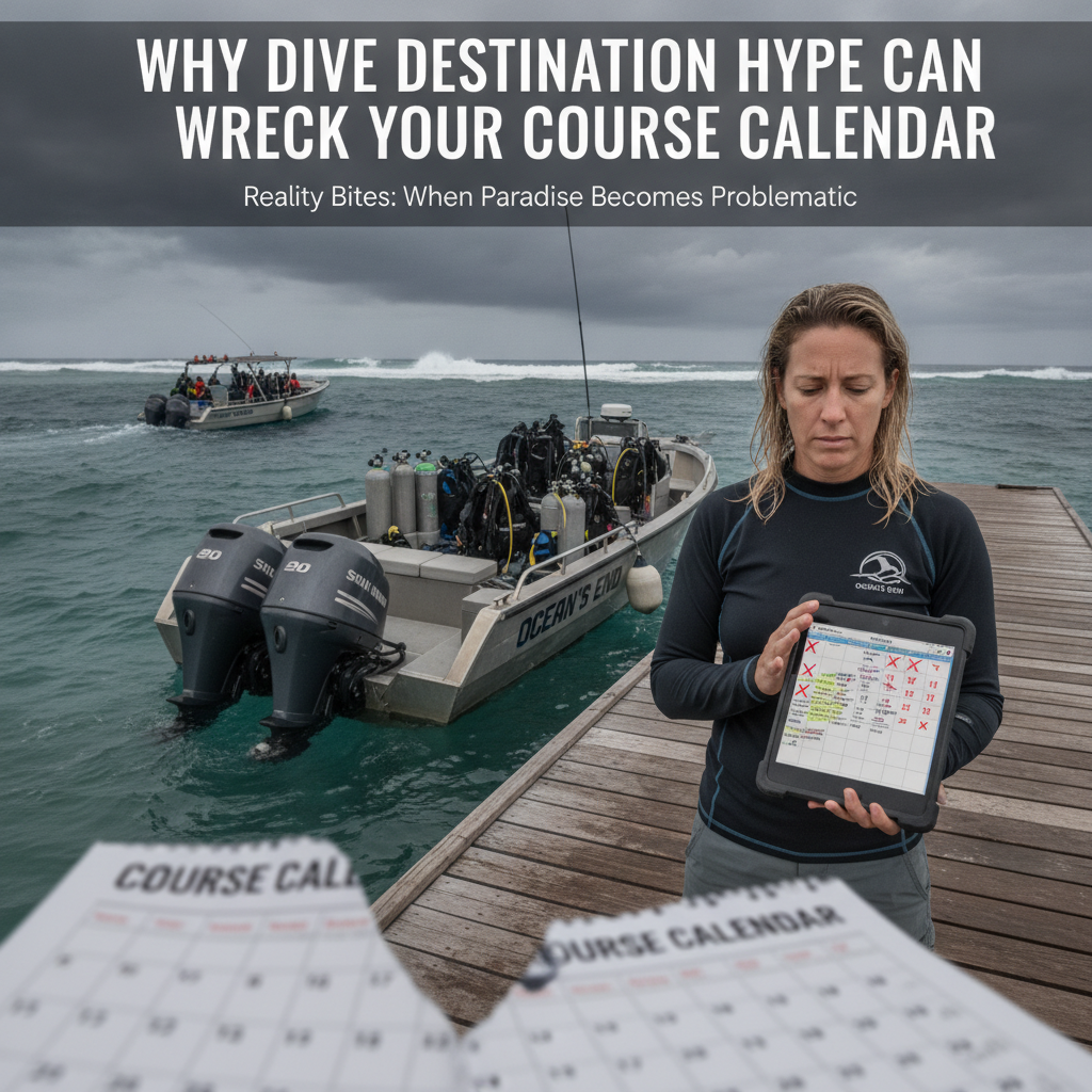 Dive center manager using mobile scheduling software by a boat