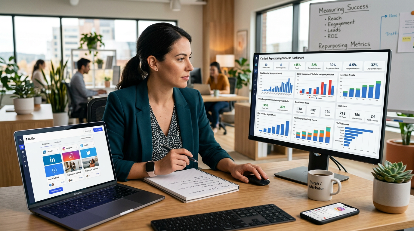 Marketer reviewing content performance analytics on a laptop