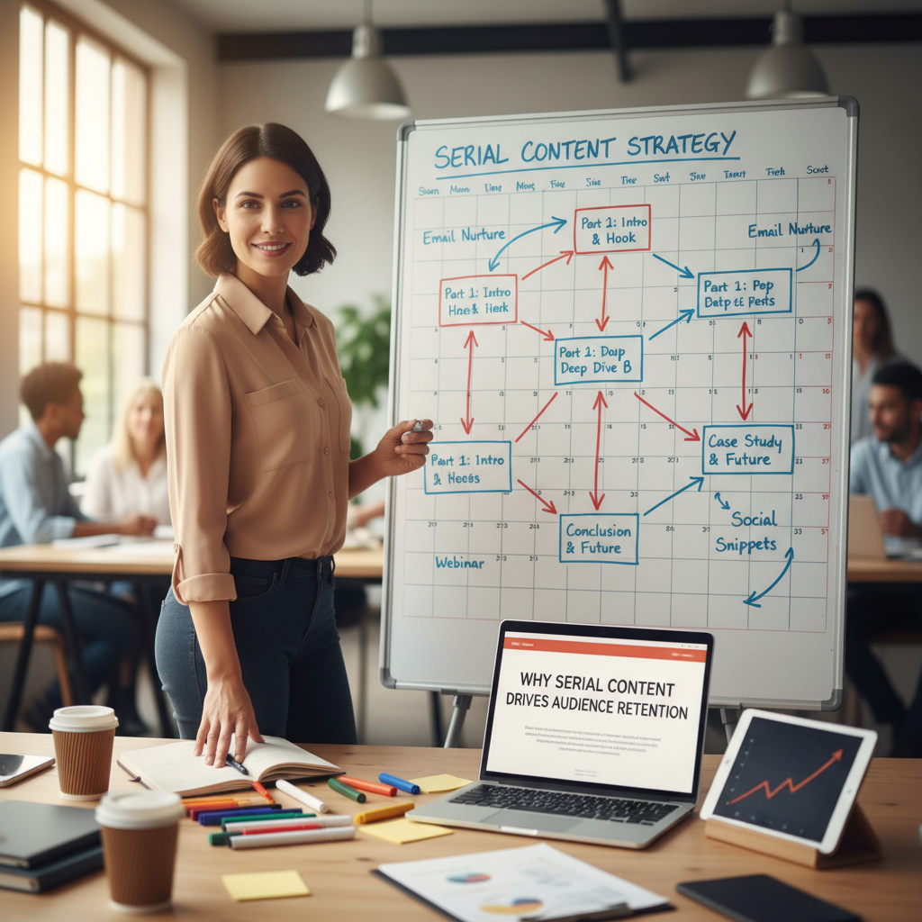 Marketer organizing a step-by-step episodic content framework on a visual planner
