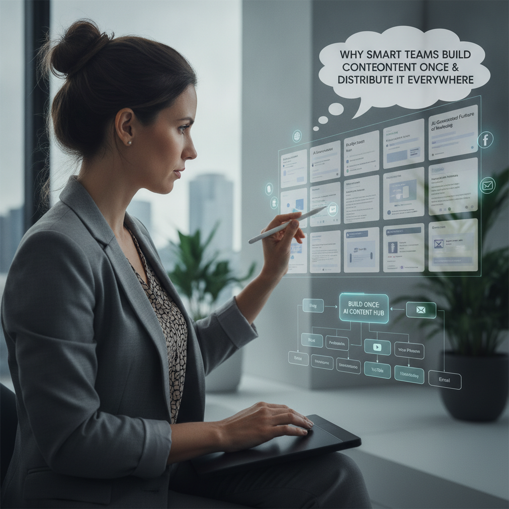A marketer using a software dashboard to edit AI drafts before publishing