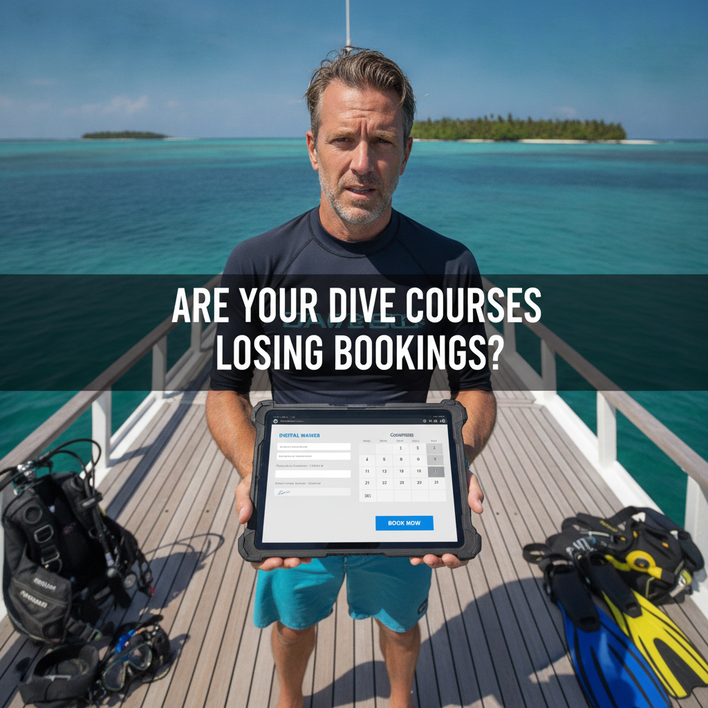 Dive instructor using digital booking software on a tablet