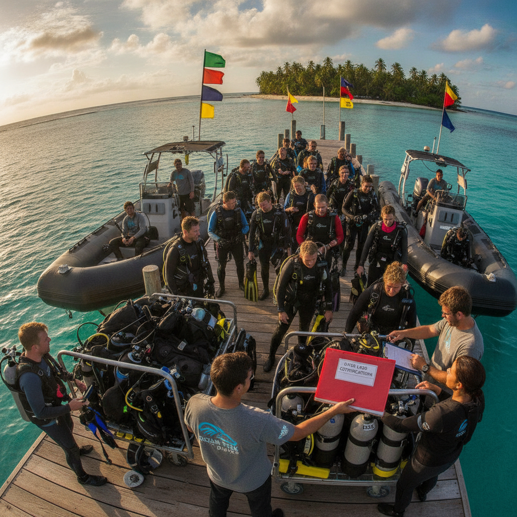 Dive center staff managing customers and equipment on a sunny dock