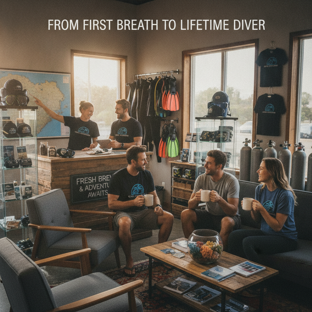 Friendly dive center staff interacting with returning divers in a cozy shop environment