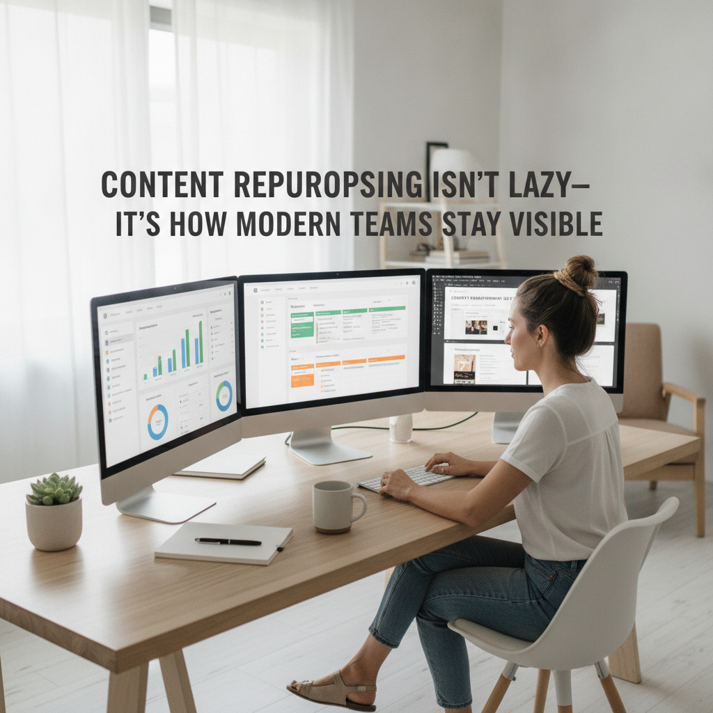 Marketing professional organizing a multi-channel content calendar on a dual-monitor setup