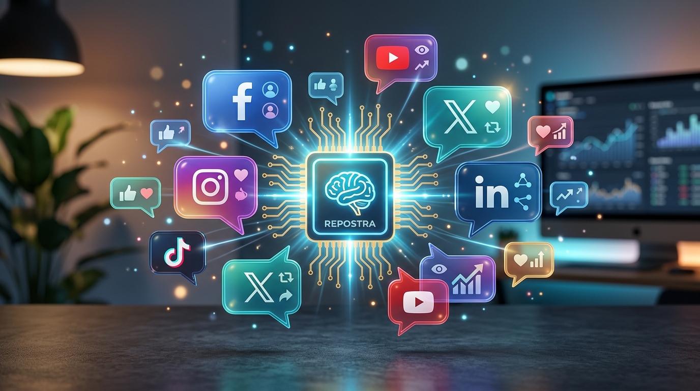 Conceptual illustration of AI assisting with social media captions