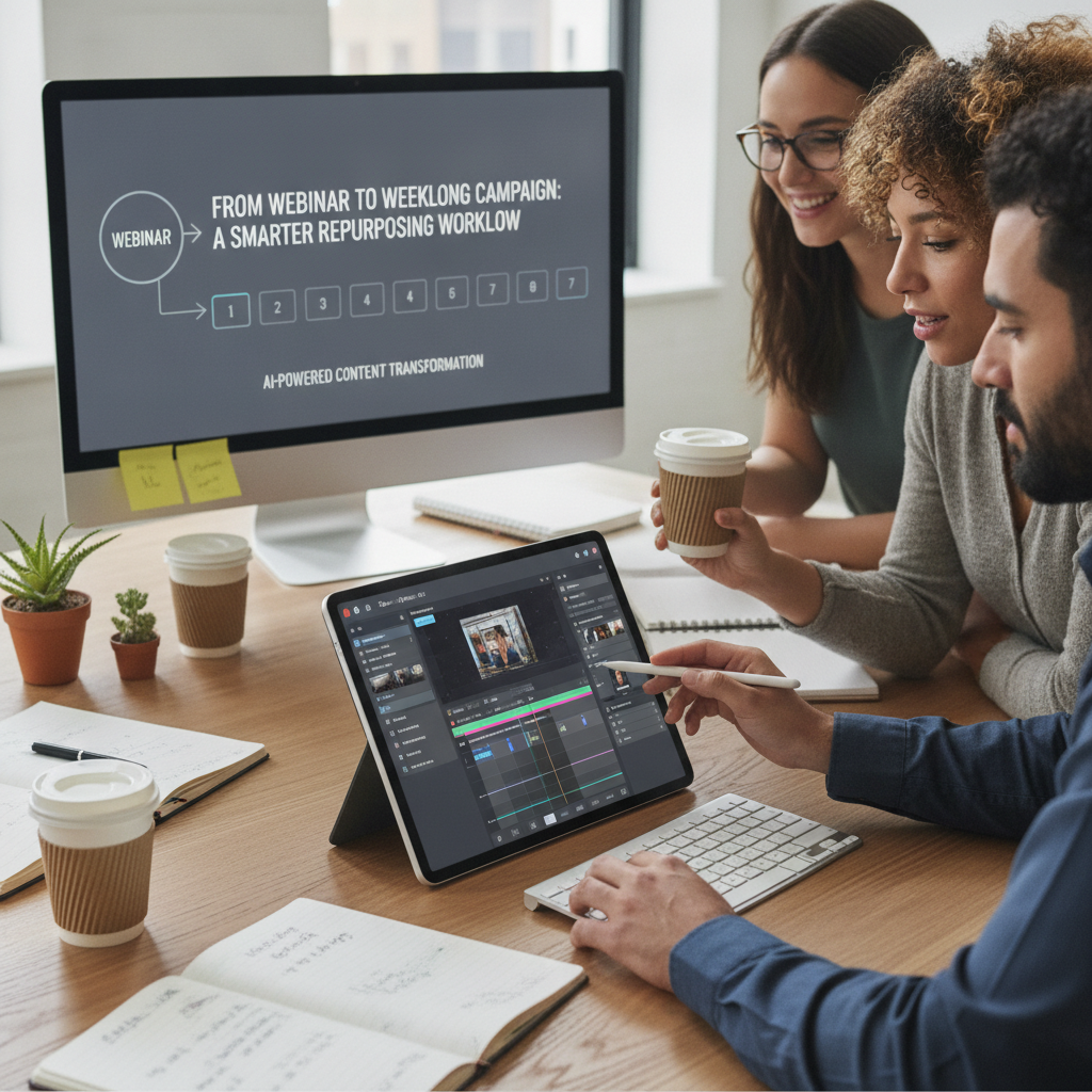 Marketing professionals reviewing webinar video clips on a modern interface