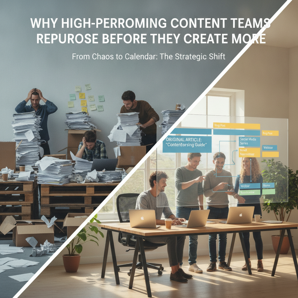 Marketing team transitioning from burnout to an organized content repurposing workflow