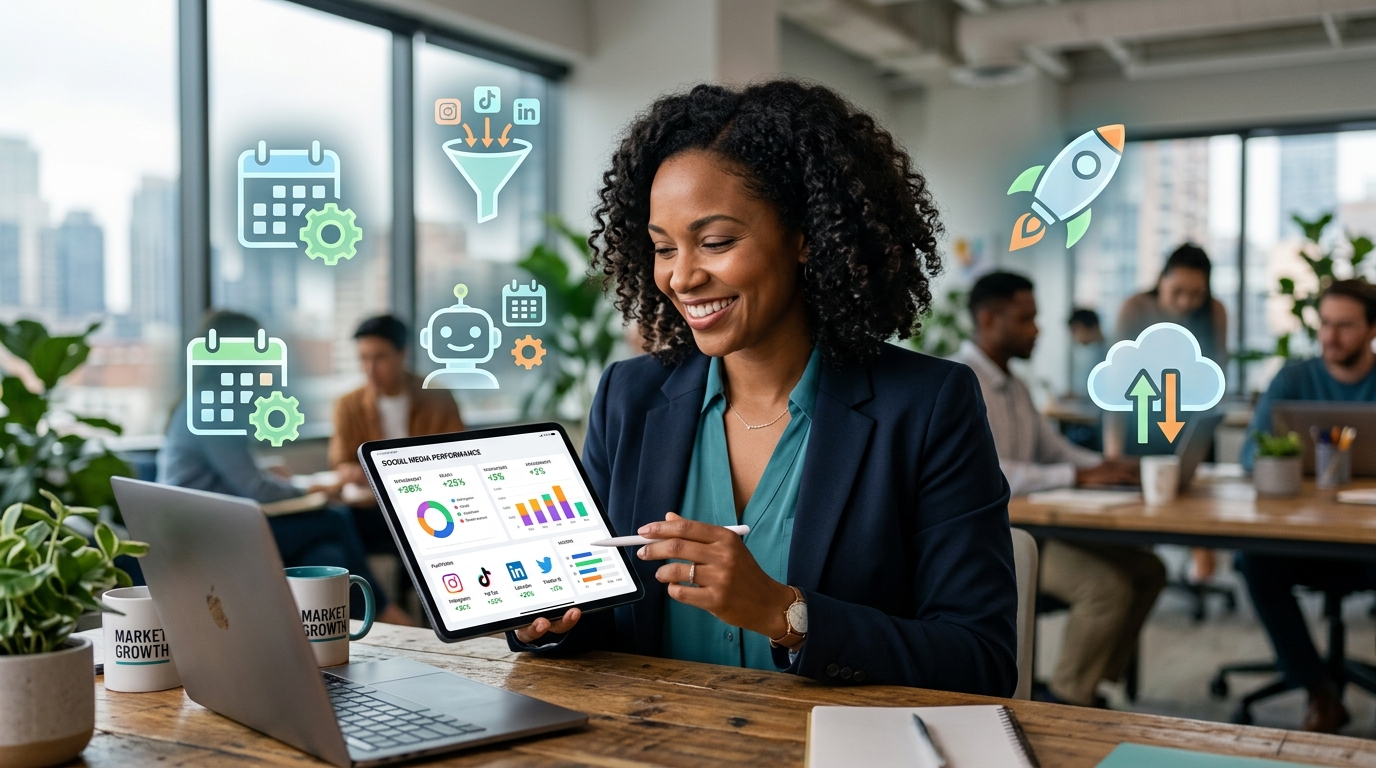 A marketer experiencing the efficiency of modern social media automation tools