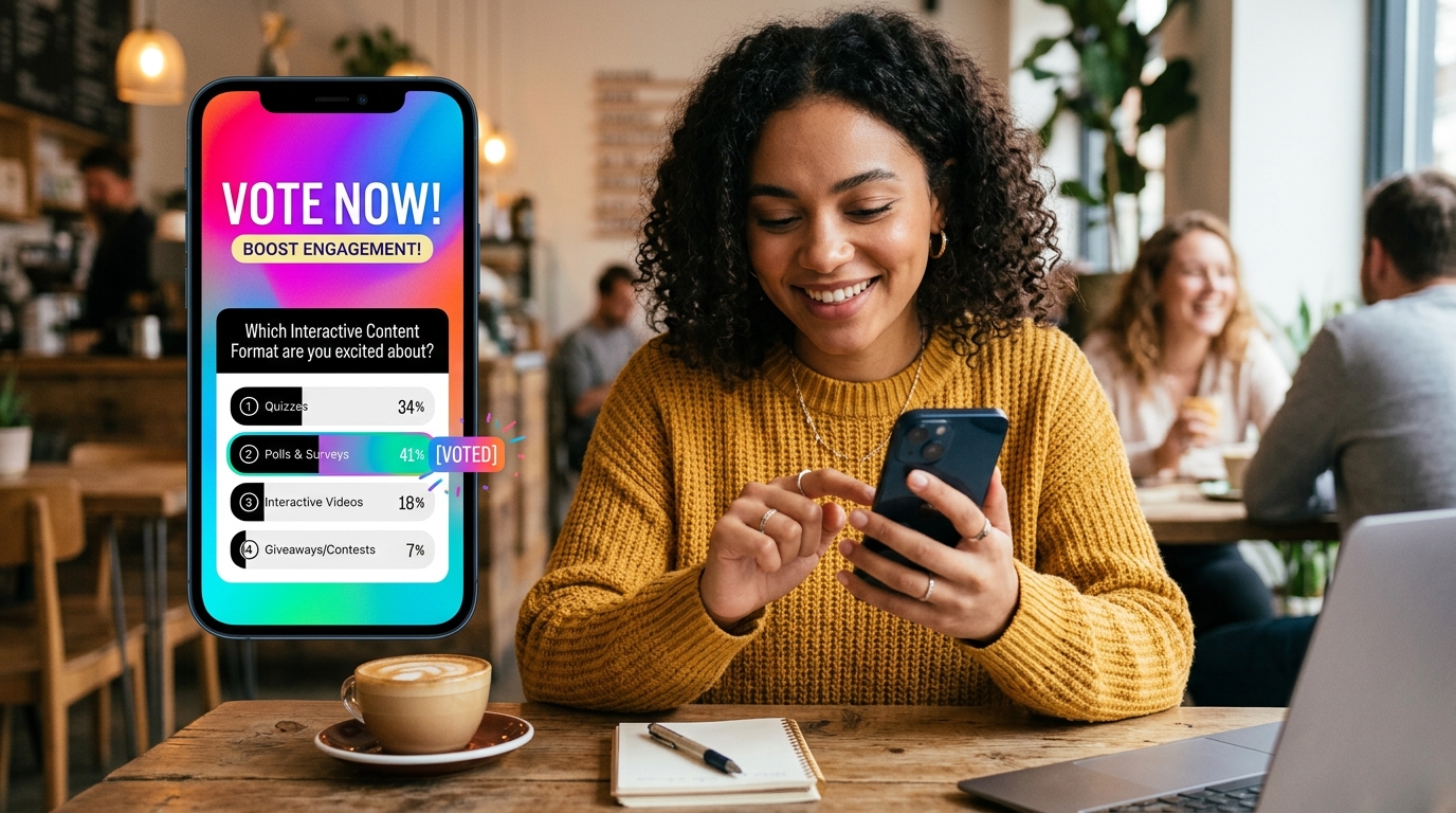 Smartphone displaying an interactive social media poll with bright voting options