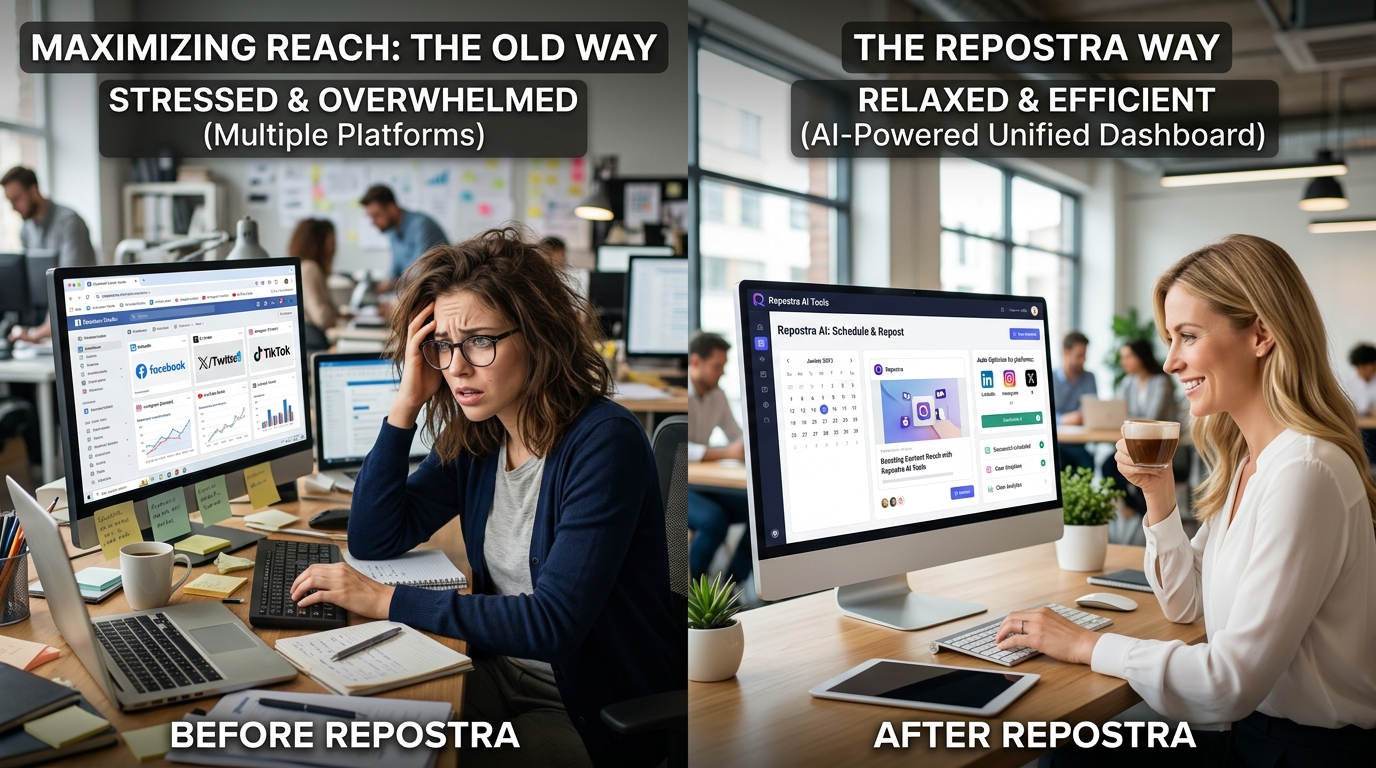 Stressed marketer versus calm marketer using an AI dashboard