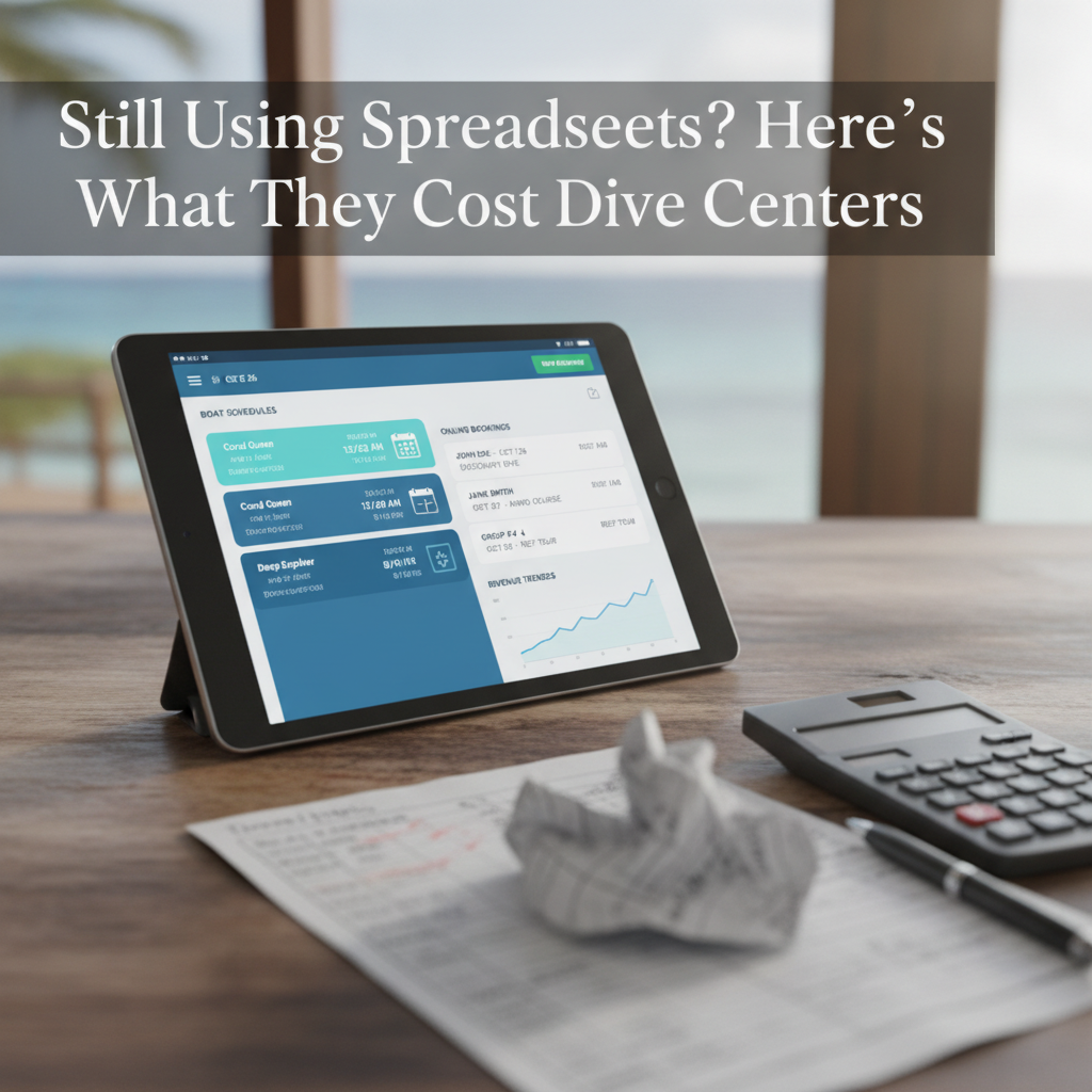 Modern tablet displaying dive center management software dashboard