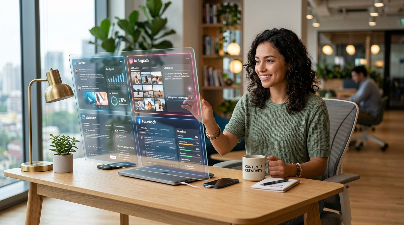 Content creator using advanced social media management tools in a bright office
