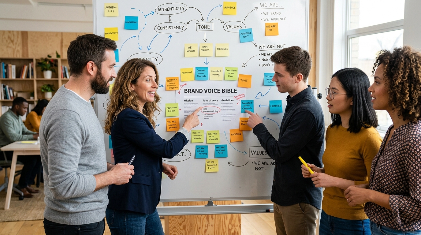 Marketing team reviewing a brand voice document