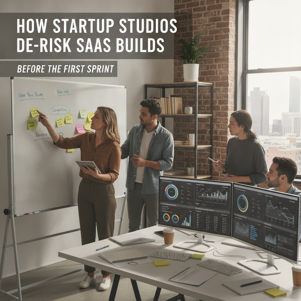 Startup studio team analyzing customer evidence during a market risk validation session
