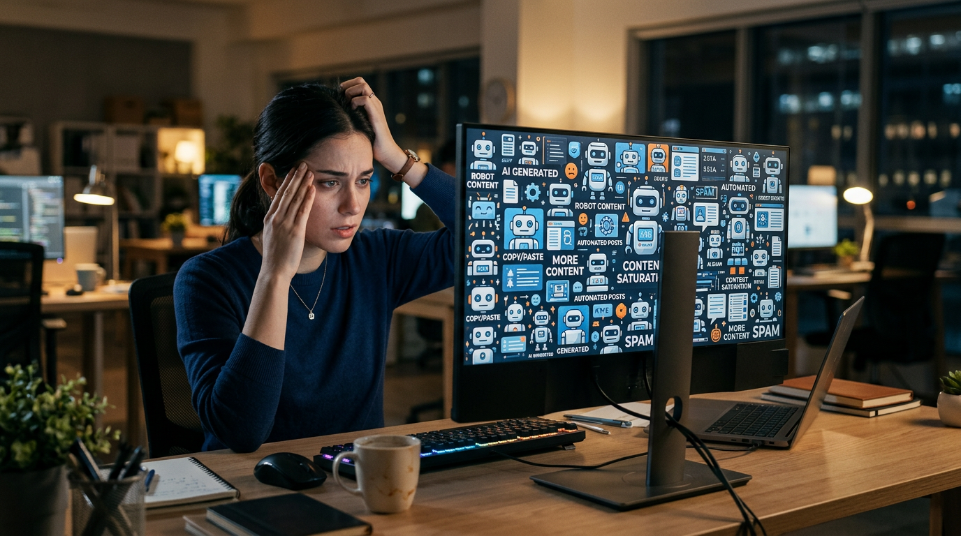 Overwhelmed marketer looking at a screen full of AI content