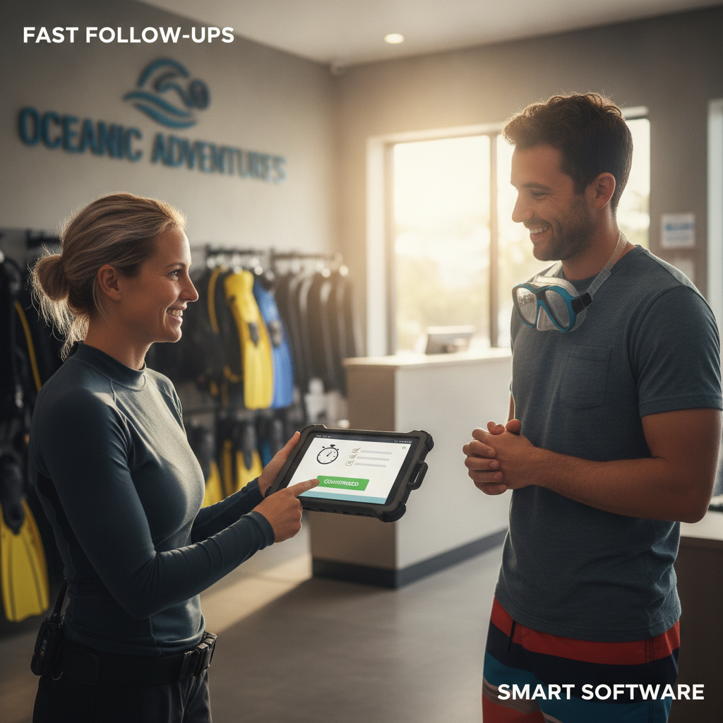 Dive center staff using software on a tablet for smooth customer check-in