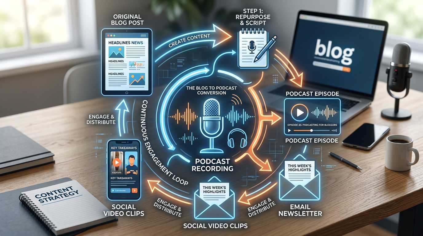 Content ecosystem diagram illustrating the flow from blog post to podcast and social media