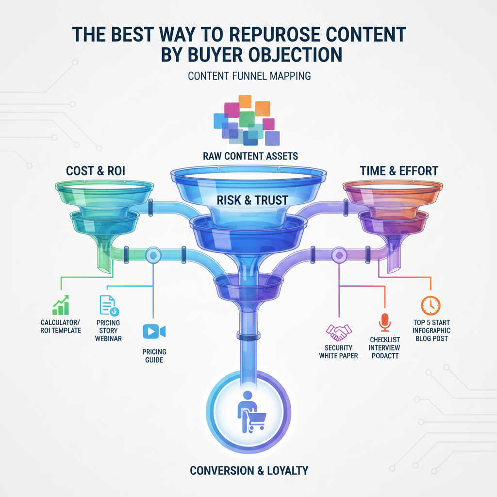 Diagram showing awareness, consideration, and decision stages matched with specific content formats
