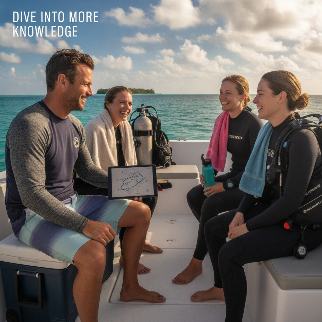 Scuba instructor smiling and talking with divers after a successful dive