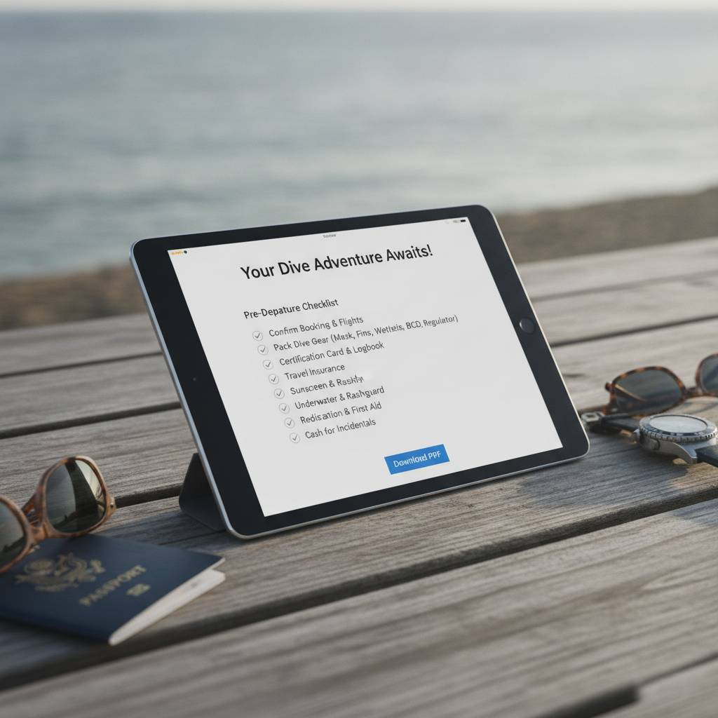 Tablet displaying an automated pre-trip email checklist for a scuba diver