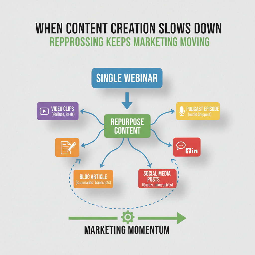 Flowchart illustrating content repurposing from a core asset into multiple formats