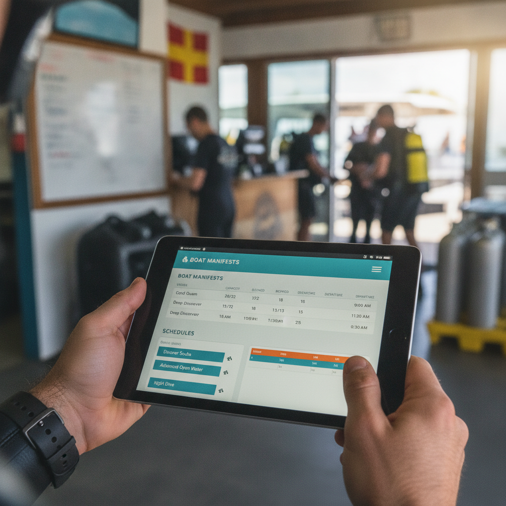 Digital dive center scheduling dashboard on a tablet