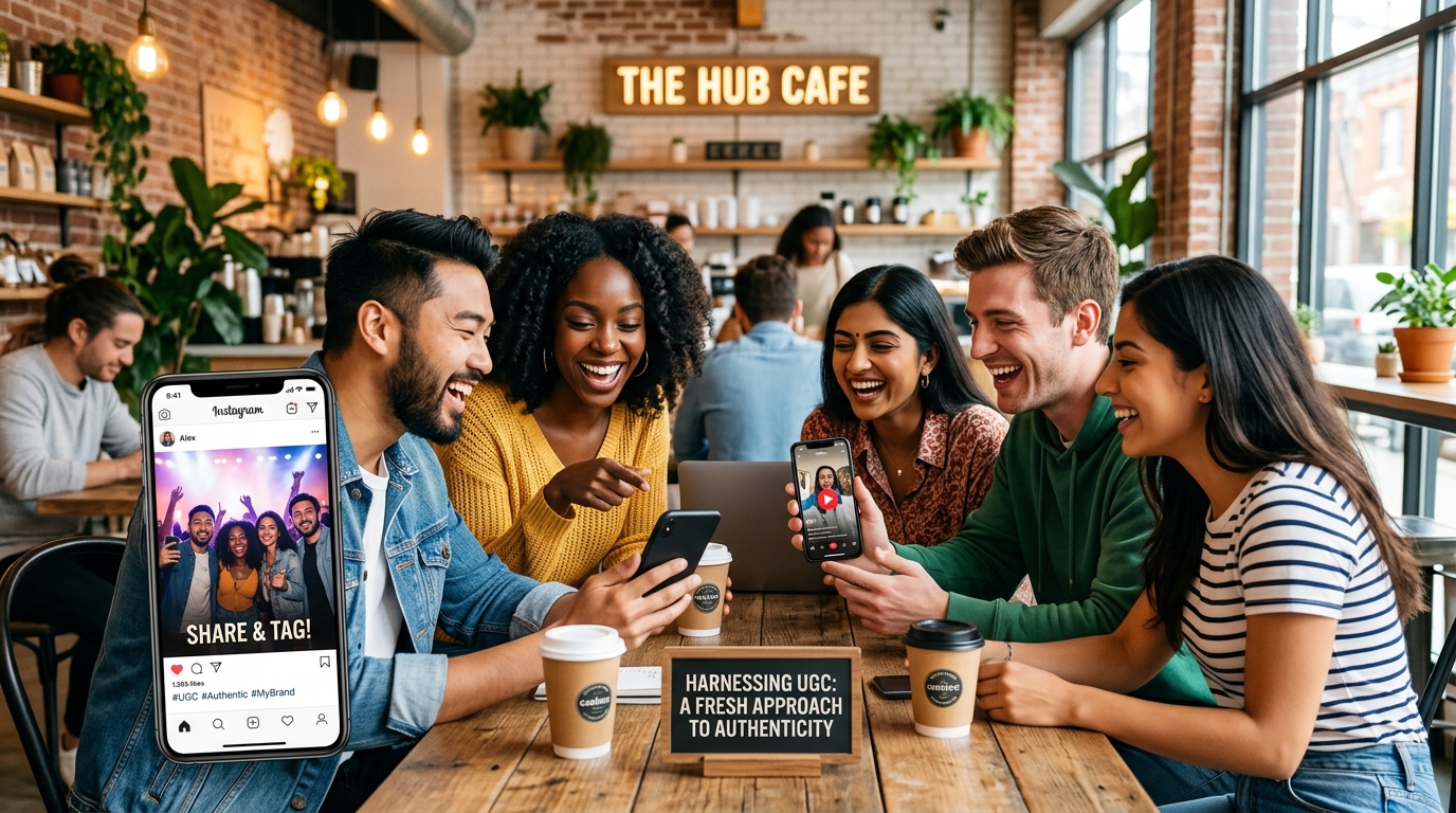 People sharing content on smartphones representing community brand loyalty.