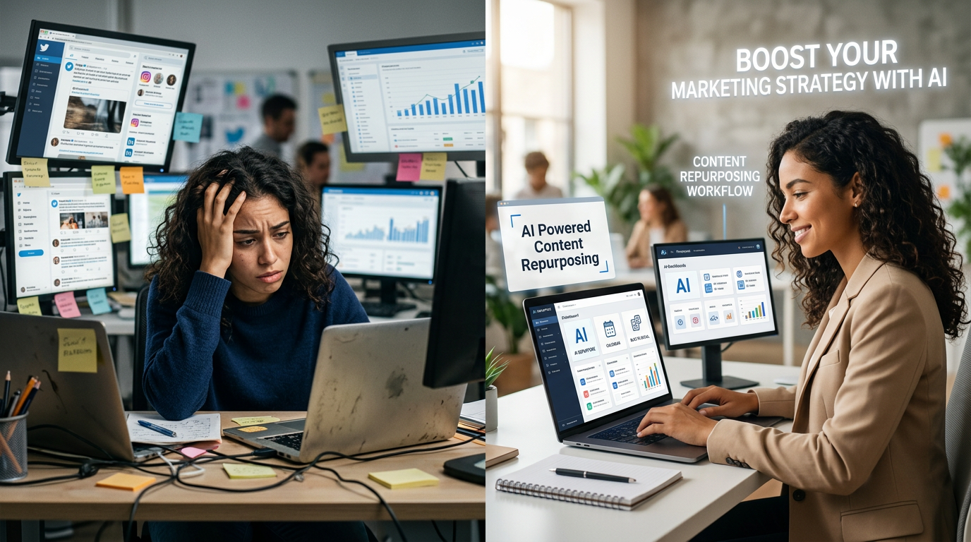 Marketer transitioning from chaotic social media management to organized AI workflow