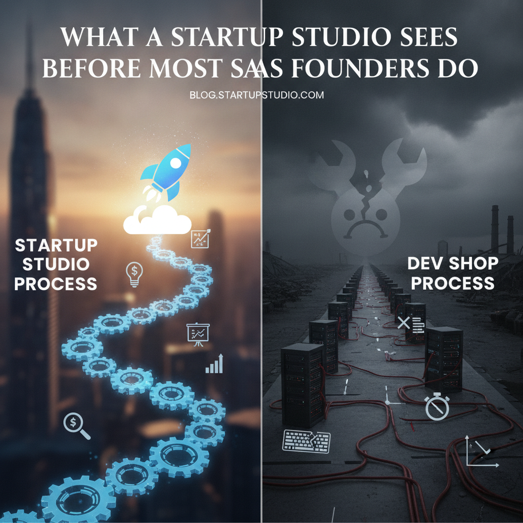 Flowchart showing a startup studio validating market needs versus a dev shop simply writing requested code