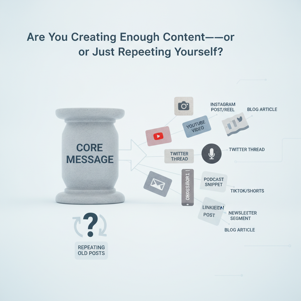 Pillar and atomize content strategy diagram showing one main asset branching into multiple native social media posts